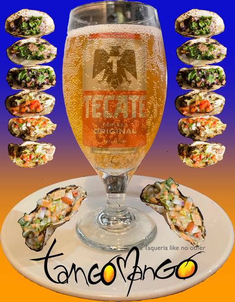 Tacos arranged around a glass of Tecate